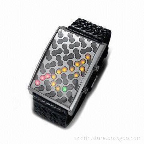 Binary Watch, Alloy Electroplate Case, Leather Bracelet, Colorful LED Movement